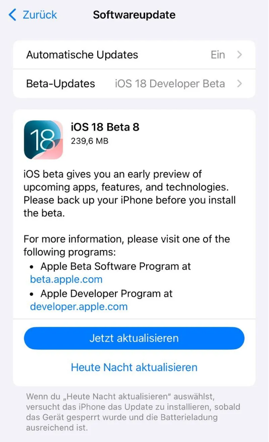 北泉镇苹果手机维修分享苹果 iOS / iPadOS 18 开发者预览版 Beta 8 发布 